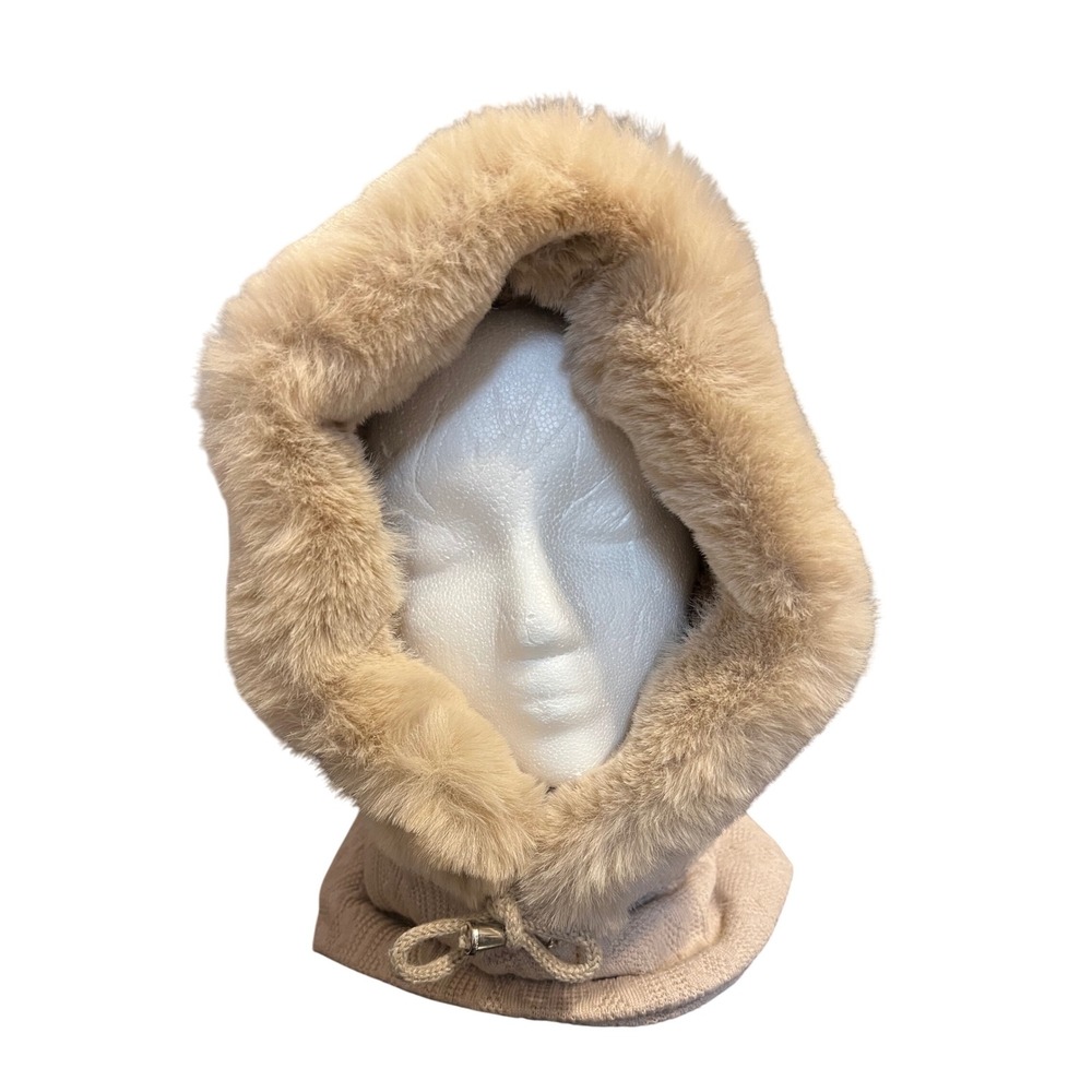 Faux Fur Trim Hood Scarf Knit Neck Warmer Winter Snood Beige
